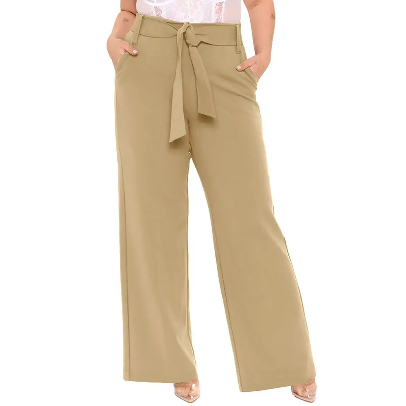 Women Wide Leg Pants Brown Belted Plus Size