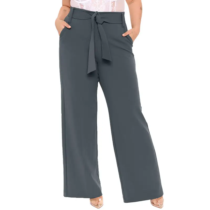 Women Wide Leg Pants Brown Belted Plus Size