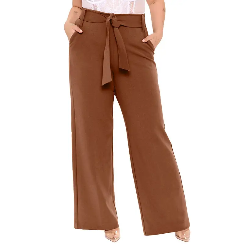 Women Wide Leg Pants Brown Belted Plus Size
