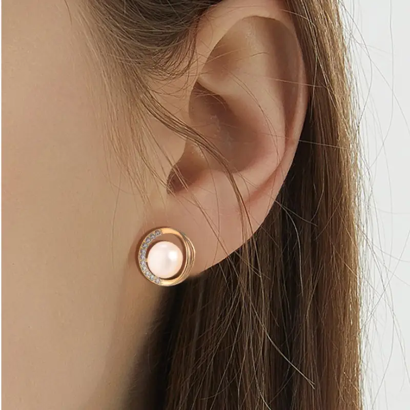 Natural Freshwater Pearl Earrings S925 Silver Needle Cut Out Round Micro-Paved Zircon - Image 3