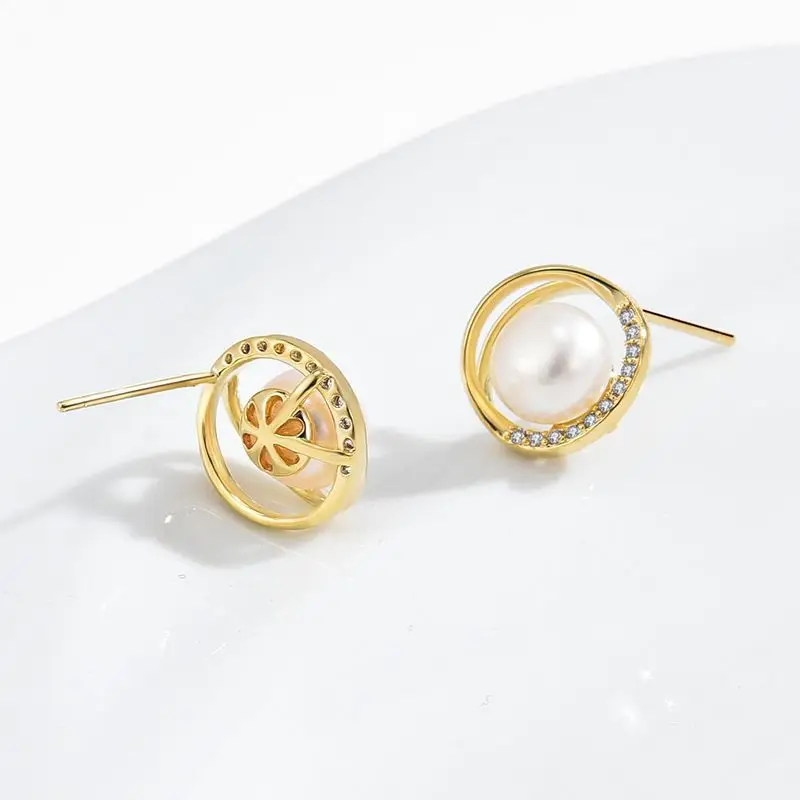 Natural Freshwater Pearl Earrings S925 Silver Needle Cut Out Round Micro-Paved Zircon - Image 5