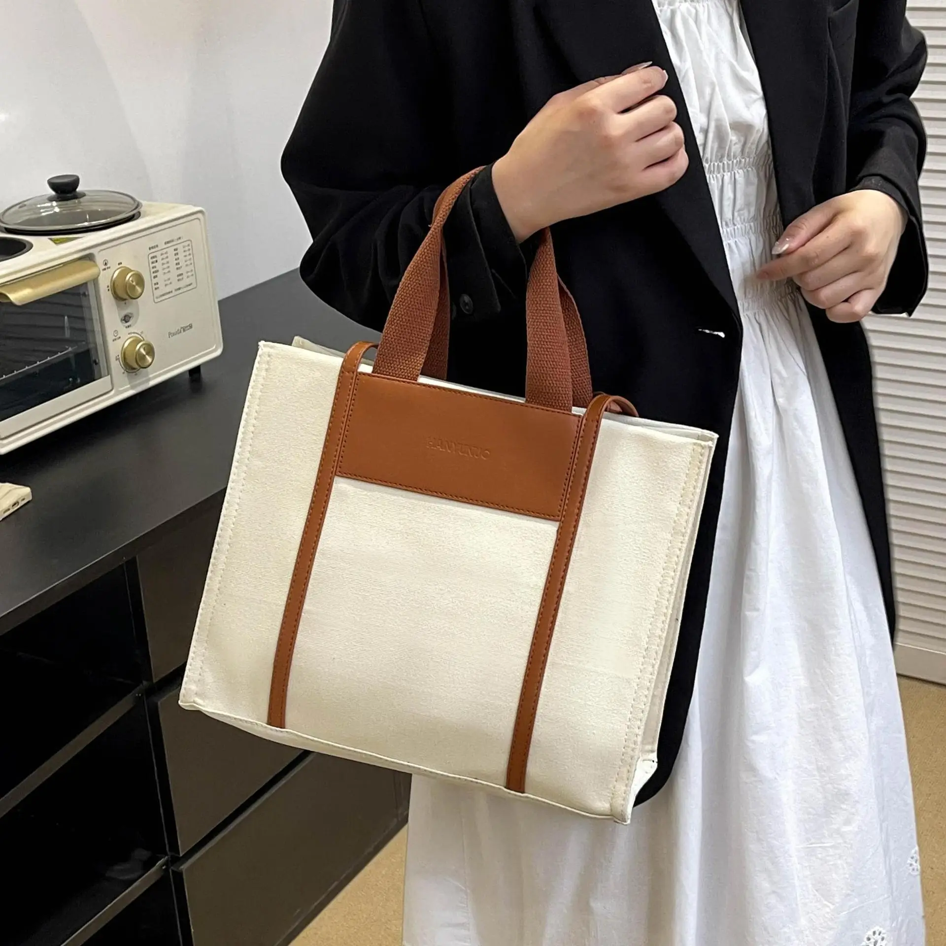 Retro Canvas Commuter Tote Bag Black Brown