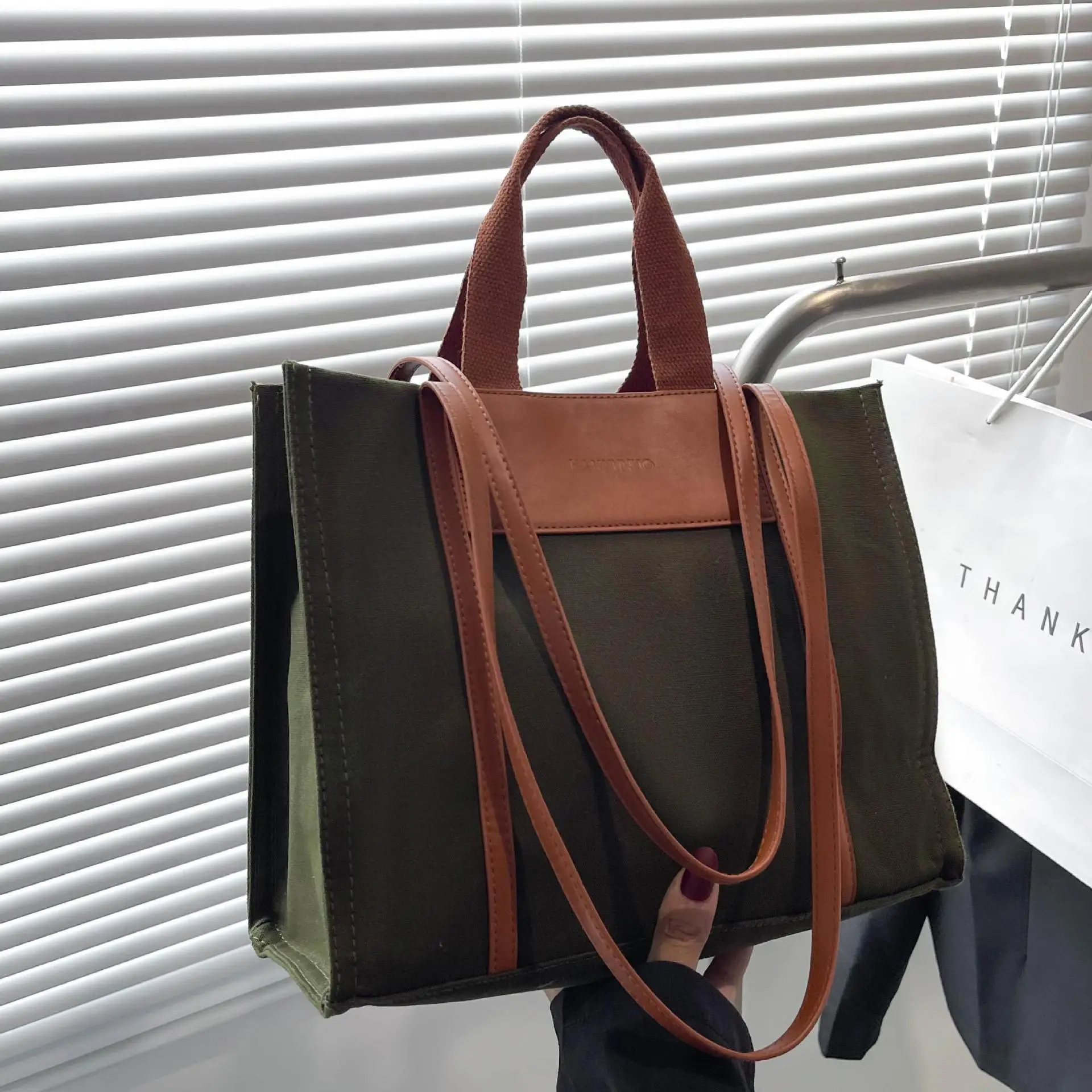 Retro Canvas Commuter Tote Bag Black Brown
