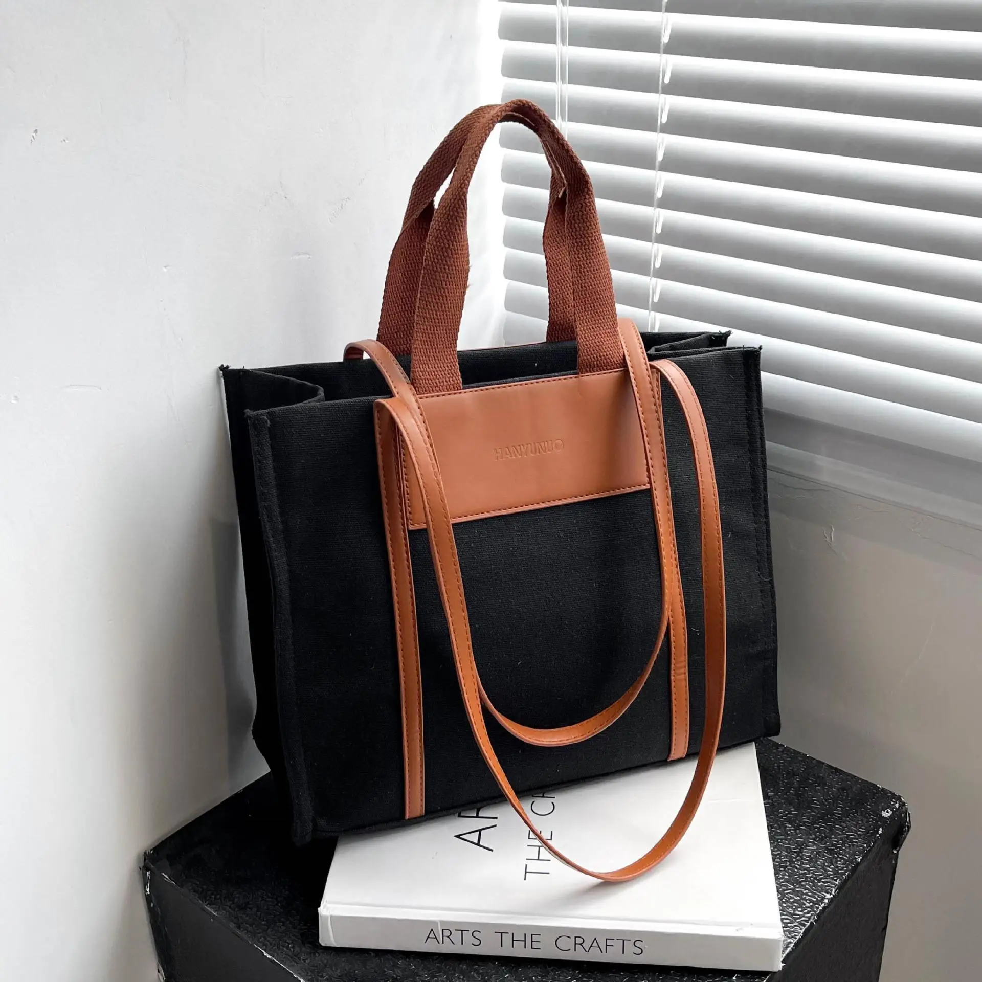 Retro Canvas Commuter Tote Bag Black Brown