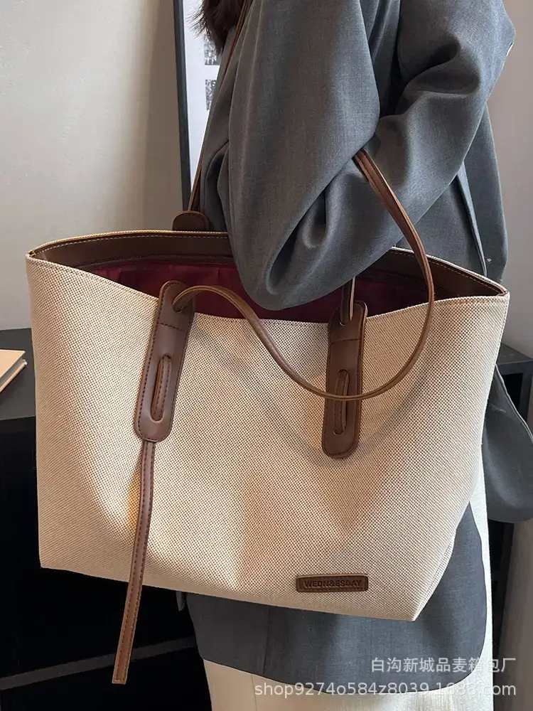 Women's Large Capacity Canvas Tote Bag Beige Brown - Image 3