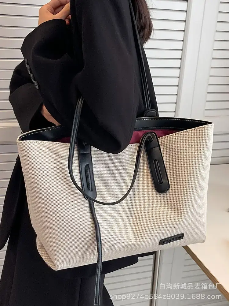 Women's Large Capacity Canvas Tote Bag Beige Brown - Image 4