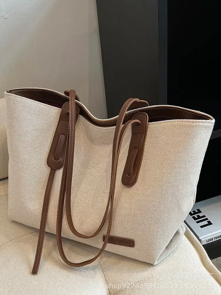 Women's Large Capacity Canvas Tote Bag Beige Brown - Image 5