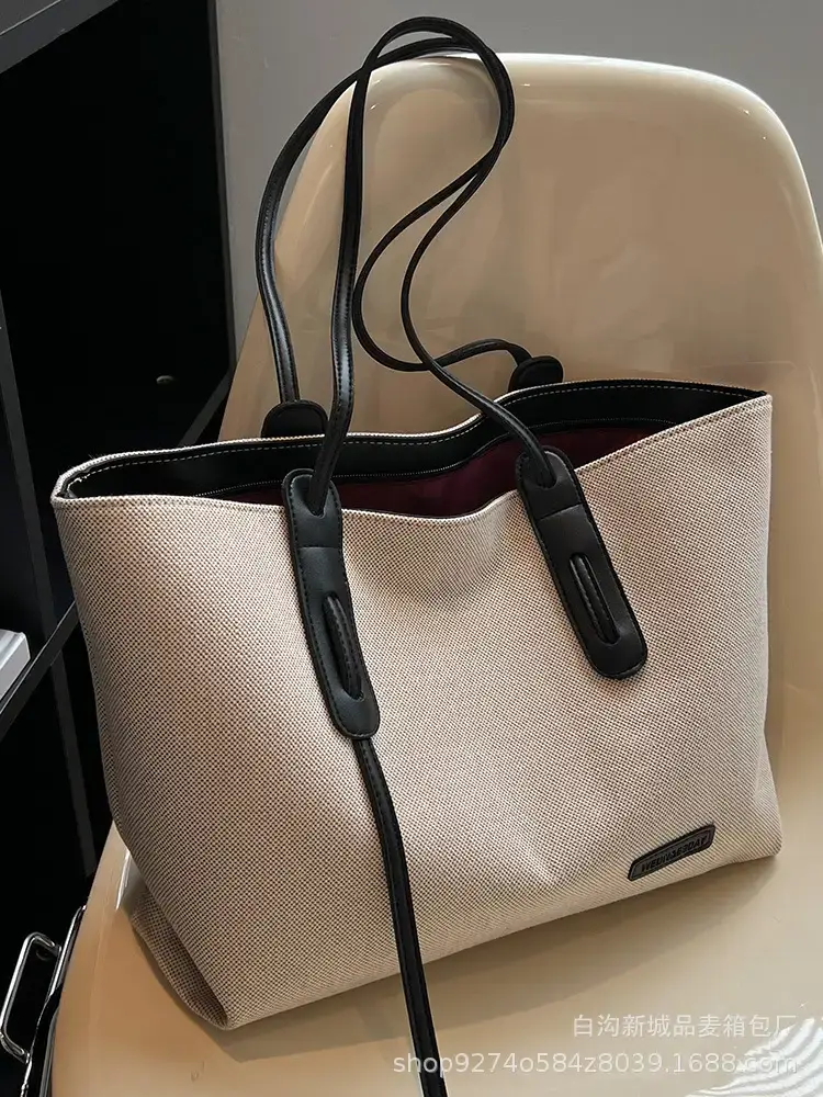 Women's Large Capacity Canvas Tote Bag Beige Brown - Image 6