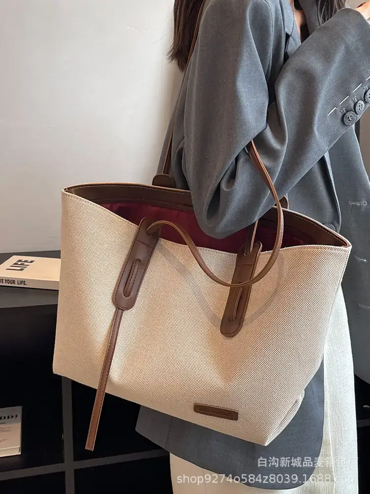 Women's Large Capacity Canvas Tote Bag Beige Brown - Image 7