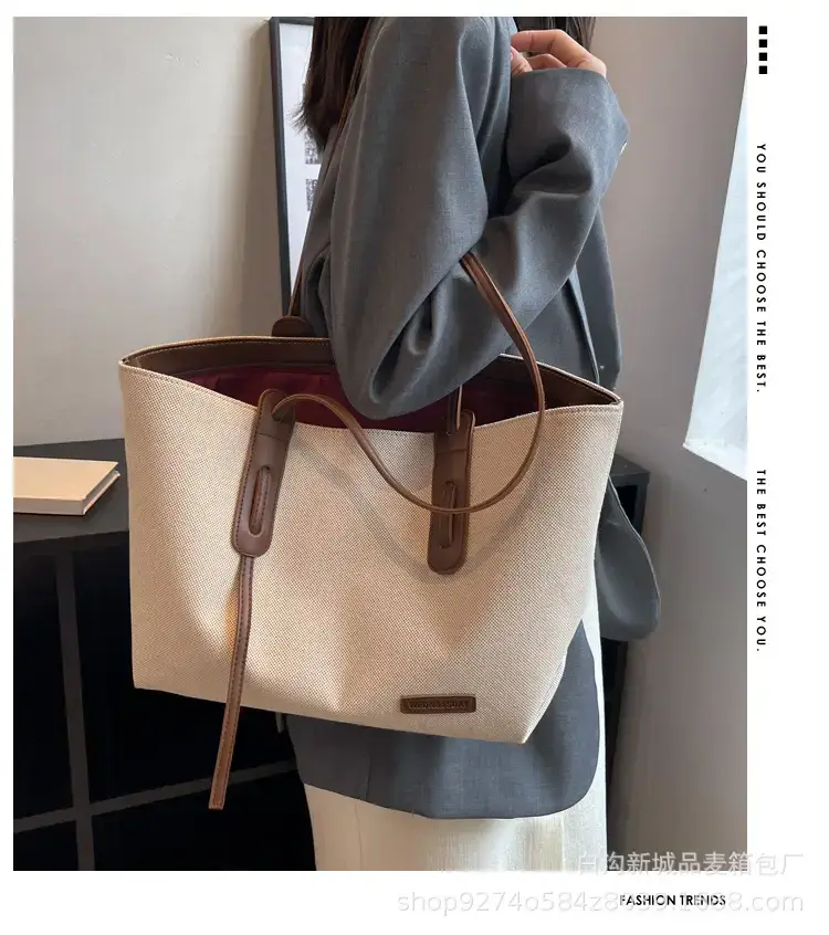 Women's Large Capacity Canvas Tote Bag Beige Brown — feature 1