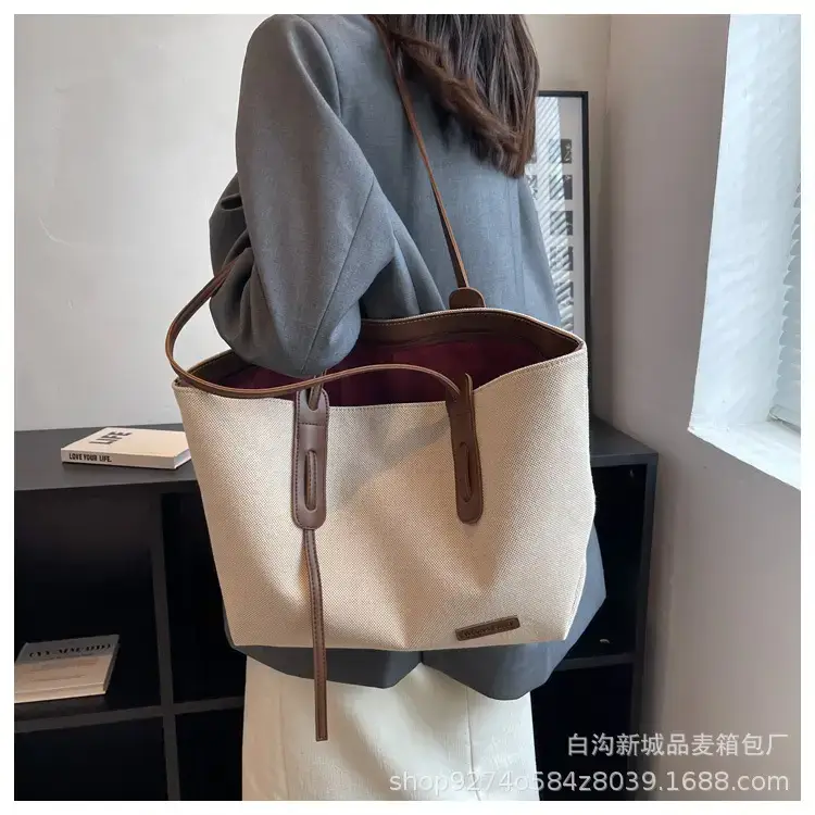 Women's Large Capacity Canvas Tote Bag Beige Brown — feature 12