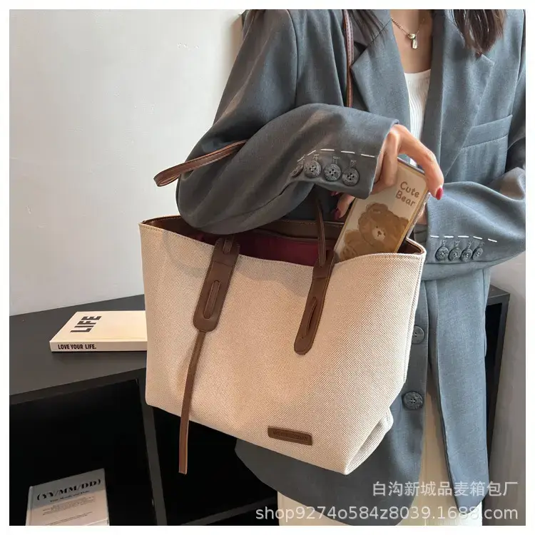 Women's Large Capacity Canvas Tote Bag Beige Brown — feature 13