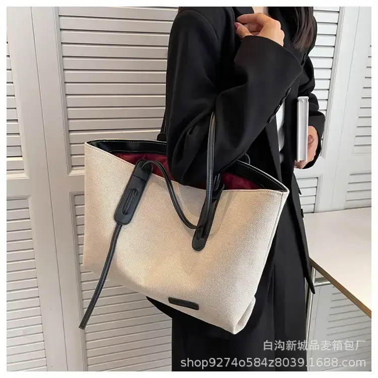 Women's Large Capacity Canvas Tote Bag Beige Brown — feature 14