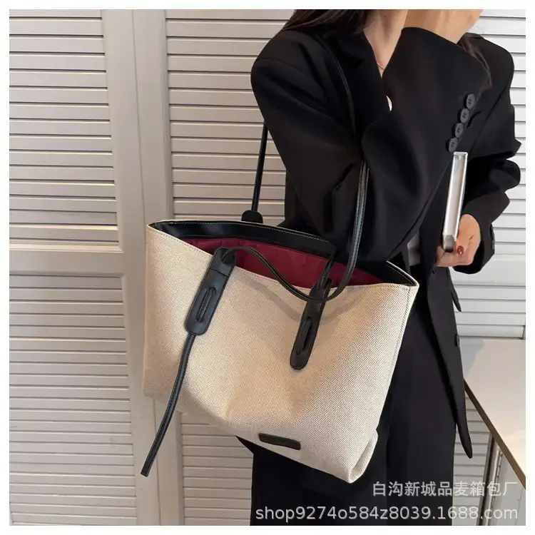 Women's Large Capacity Canvas Tote Bag Beige Brown — feature 15