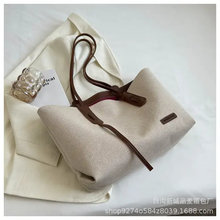 Women's Large Capacity Canvas Tote Bag Beige Brown - Image 2