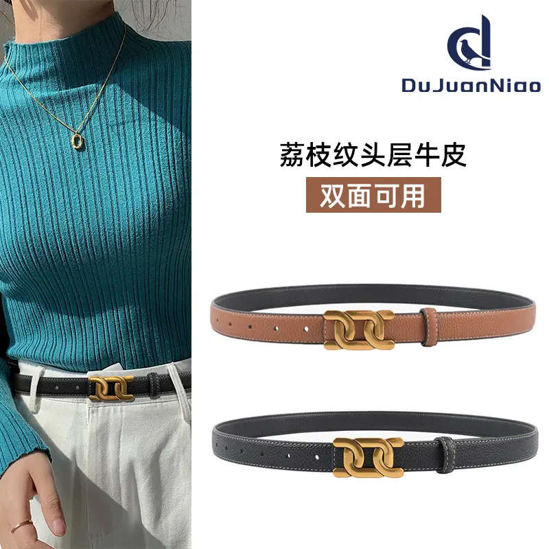 Women's Two-Sided Cowhide Belt with Litchi Pattern - Image 13