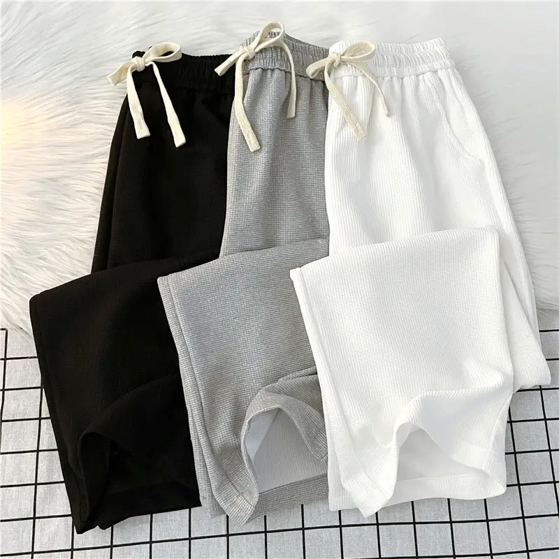 Men's Waffle Pants Black Grey White Loose Straight Spring - Image 5