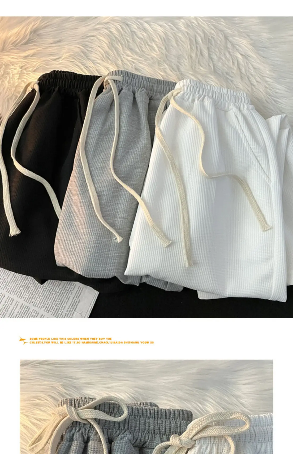 Men's Waffle Pants Black Grey White Loose Straight Spring — feature 11