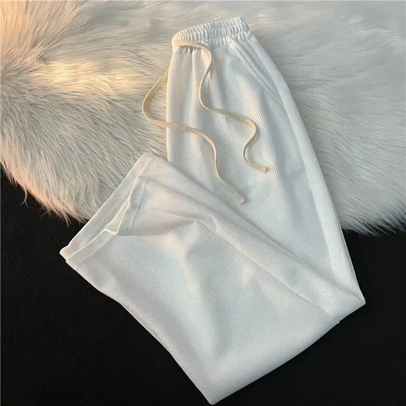 Men's Waffle Pants Black Grey White Loose Straight Spring - Image 3
