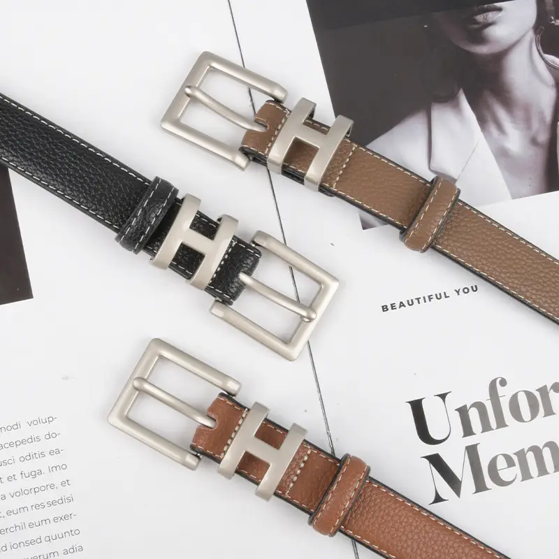 Litchi Cowhide Belt H Buckle Women's Casual Belt - Image 18