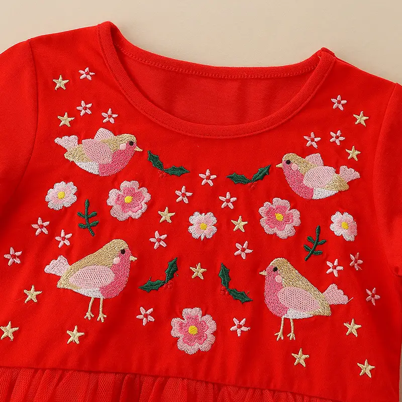 Red Wind Mesh Embroidered Girls Dress for Children - Image 4