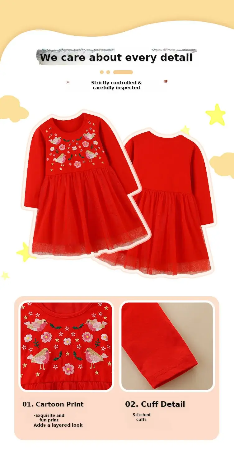 Red Wind Mesh Embroidered Girls Dress for Children — feature 4