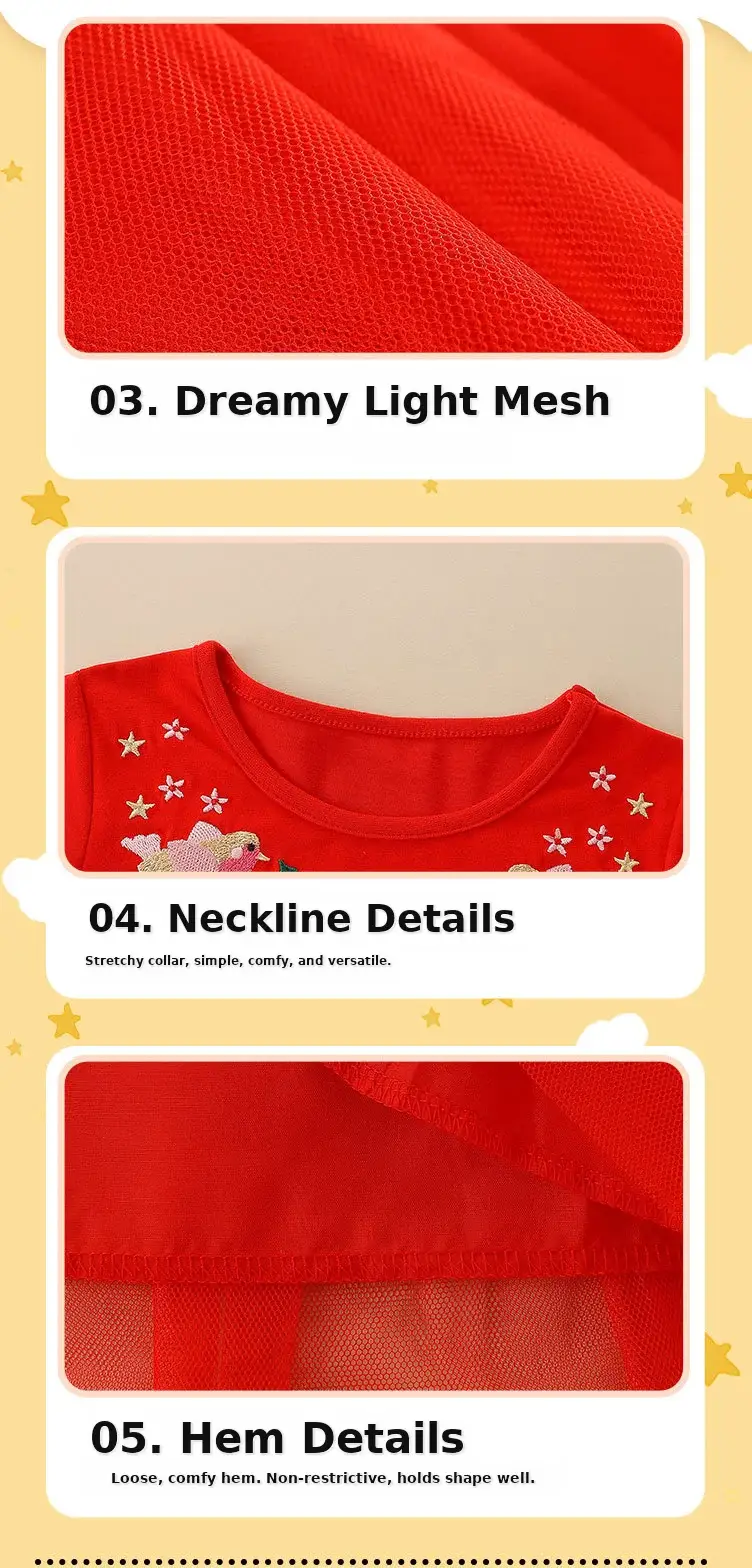 Red Wind Mesh Embroidered Girls Dress for Children — feature 5