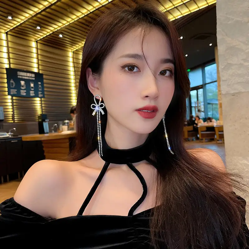 Long Diamond Encrusted Tassel Bow Earrings for Women - Image 25