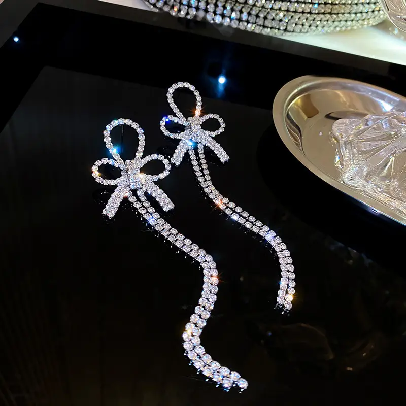 Long Diamond Encrusted Tassel Bow Earrings for Women - Image 27