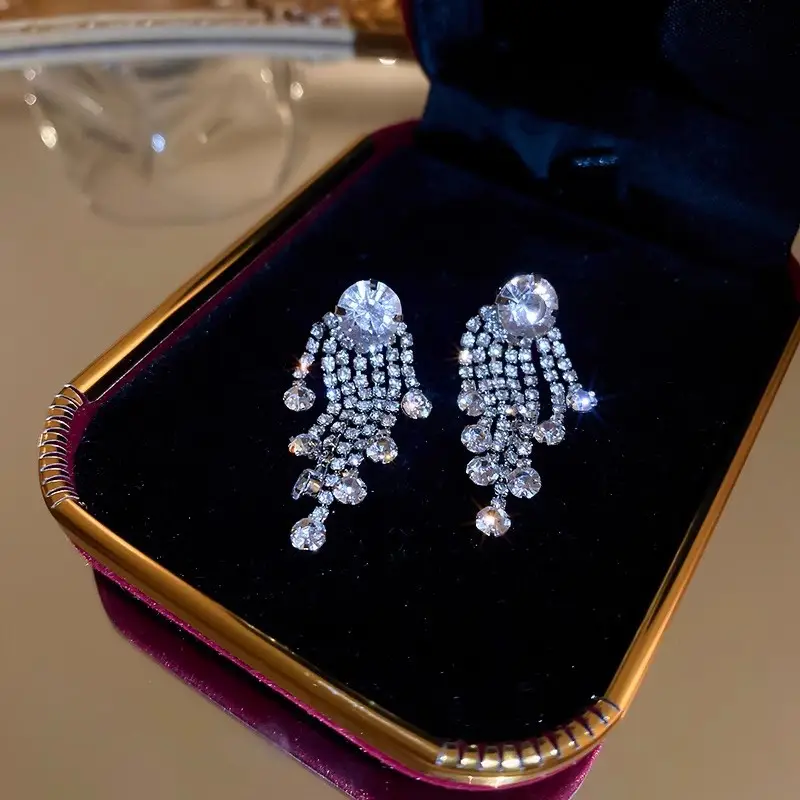 Long Diamond Encrusted Tassel Bow Earrings for Women — feature 11