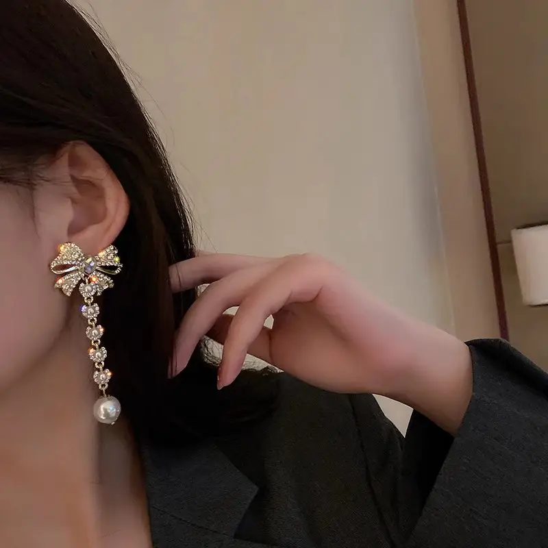 Long Diamond Encrusted Tassel Bow Earrings for Women — feature 12
