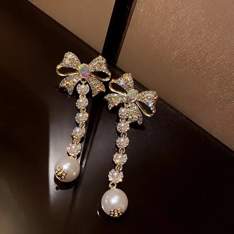Long Diamond Encrusted Tassel Bow Earrings for Women — feature 14