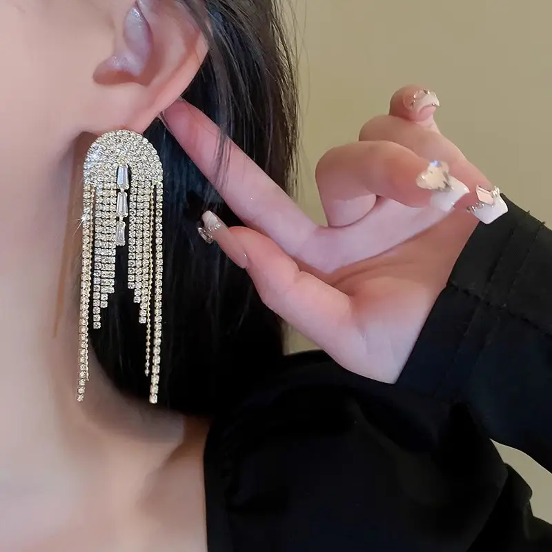 Long Diamond Encrusted Tassel Bow Earrings for Women — feature 25