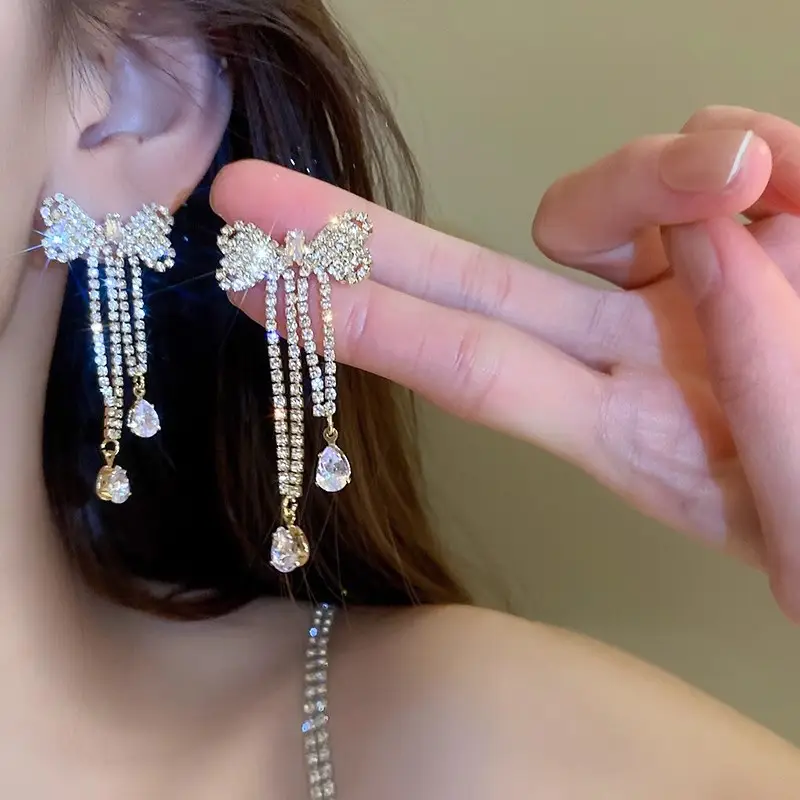 Long Diamond Encrusted Tassel Bow Earrings for Women — feature 27