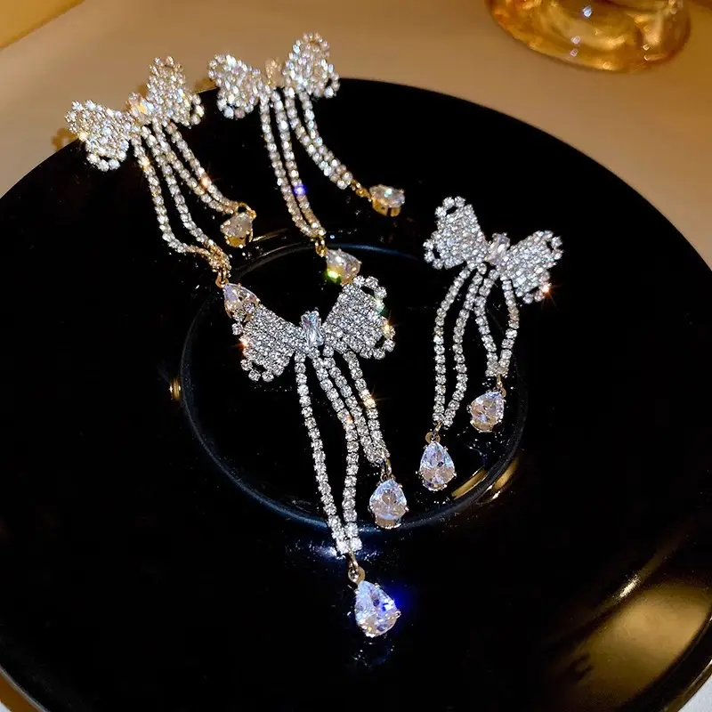 Long Diamond Encrusted Tassel Bow Earrings for Women — feature 28