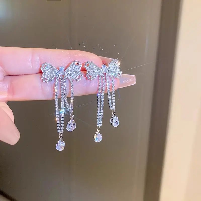 Long Diamond Encrusted Tassel Bow Earrings for Women — feature 29