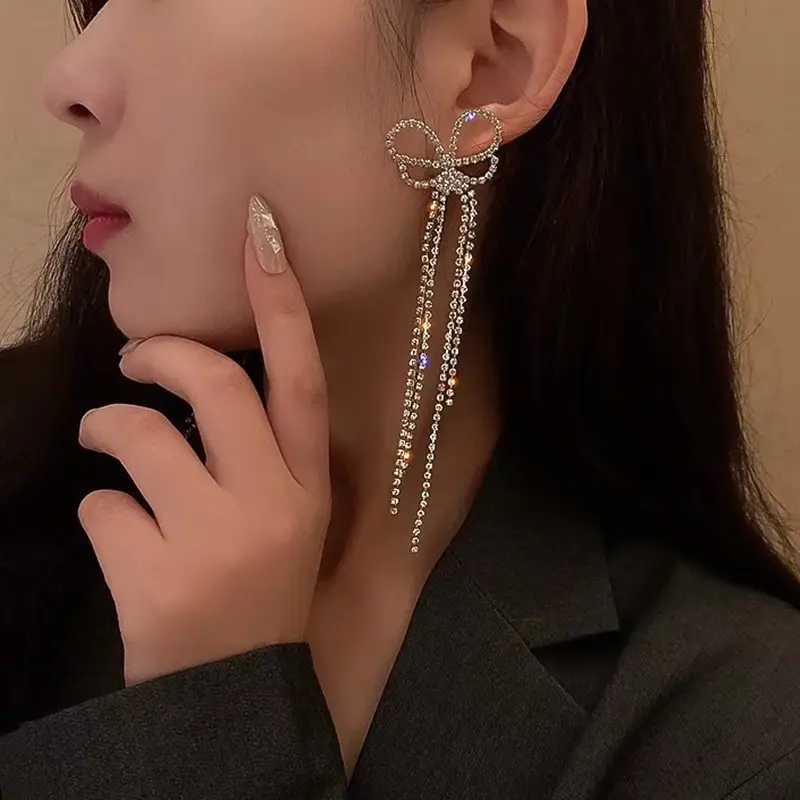 Long Diamond Encrusted Tassel Bow Earrings for Women — feature 34