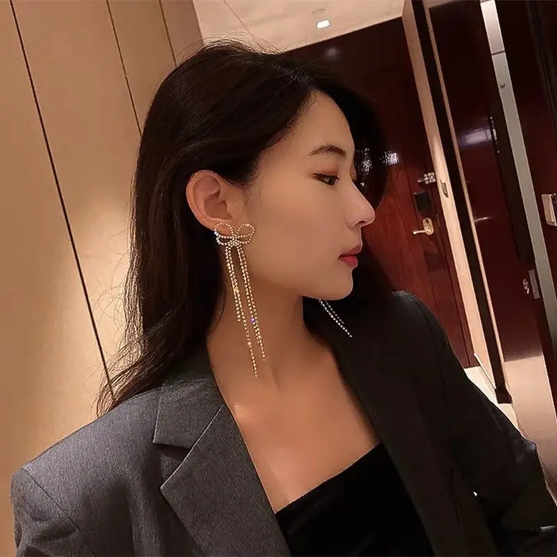 Long Diamond Encrusted Tassel Bow Earrings for Women — feature 35