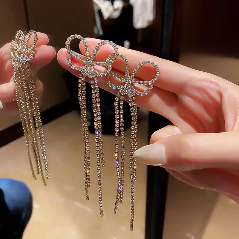 Long Diamond Encrusted Tassel Bow Earrings for Women — feature 36