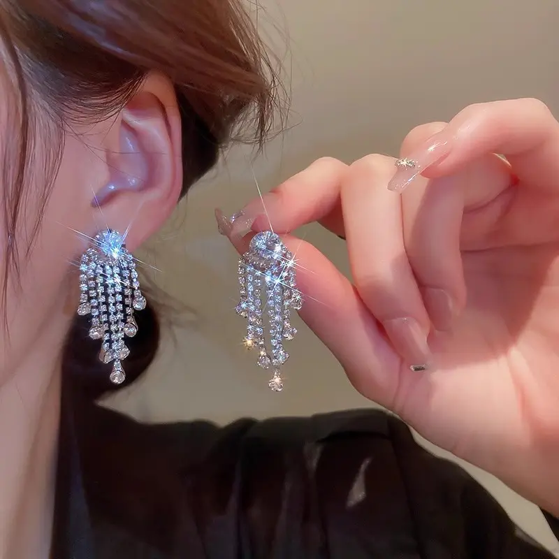 Long Diamond Encrusted Tassel Bow Earrings for Women — feature 9