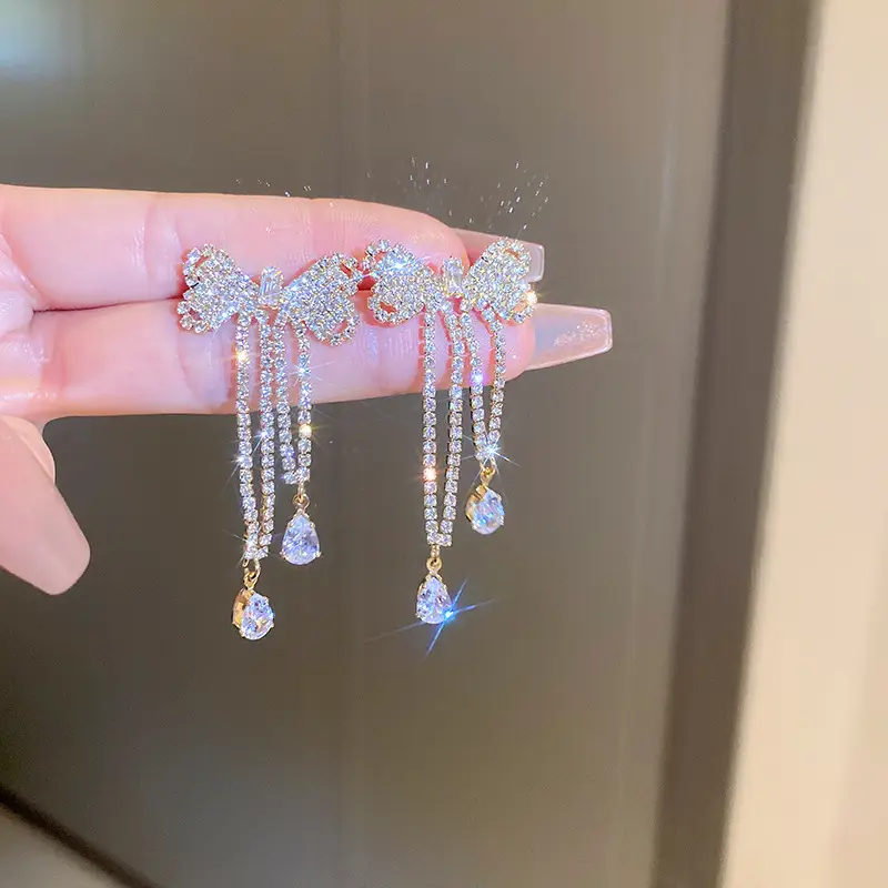 Long Diamond Encrusted Tassel Bow Earrings for Women - Image 6