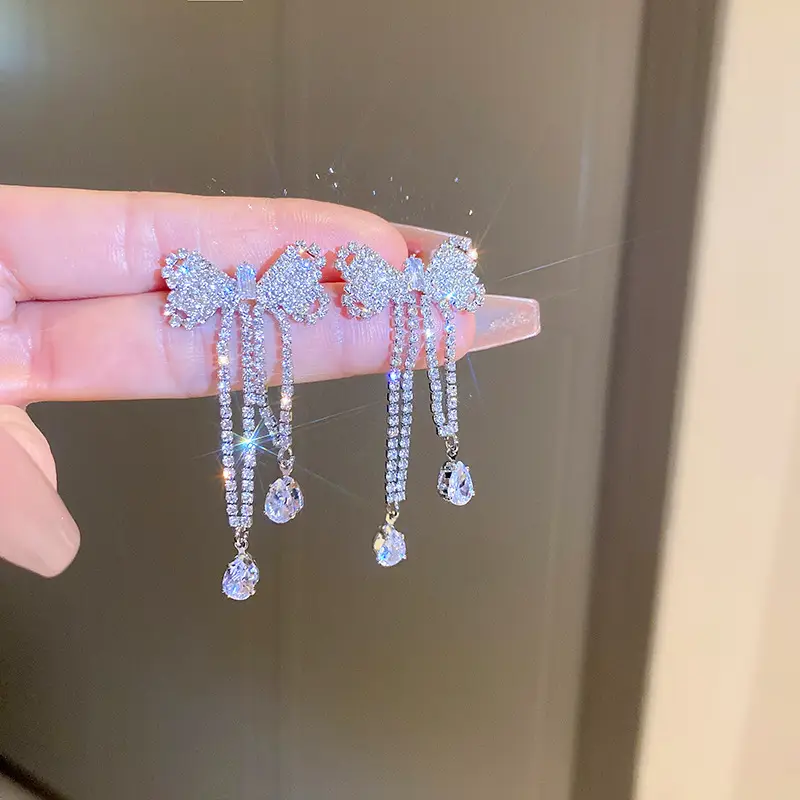 Long Diamond Encrusted Tassel Bow Earrings for Women - Image 7