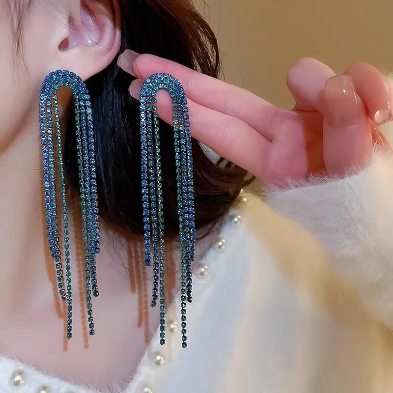 Long Diamond Encrusted Tassel Bow Earrings for Women - Image 8