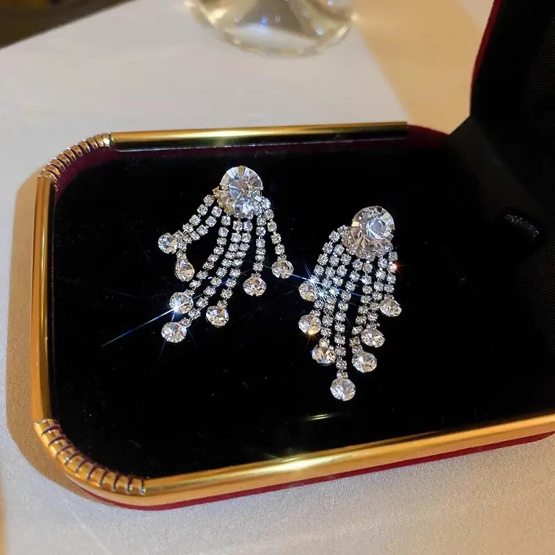 Long Diamond Encrusted Tassel Bow Earrings for Women - Image 9