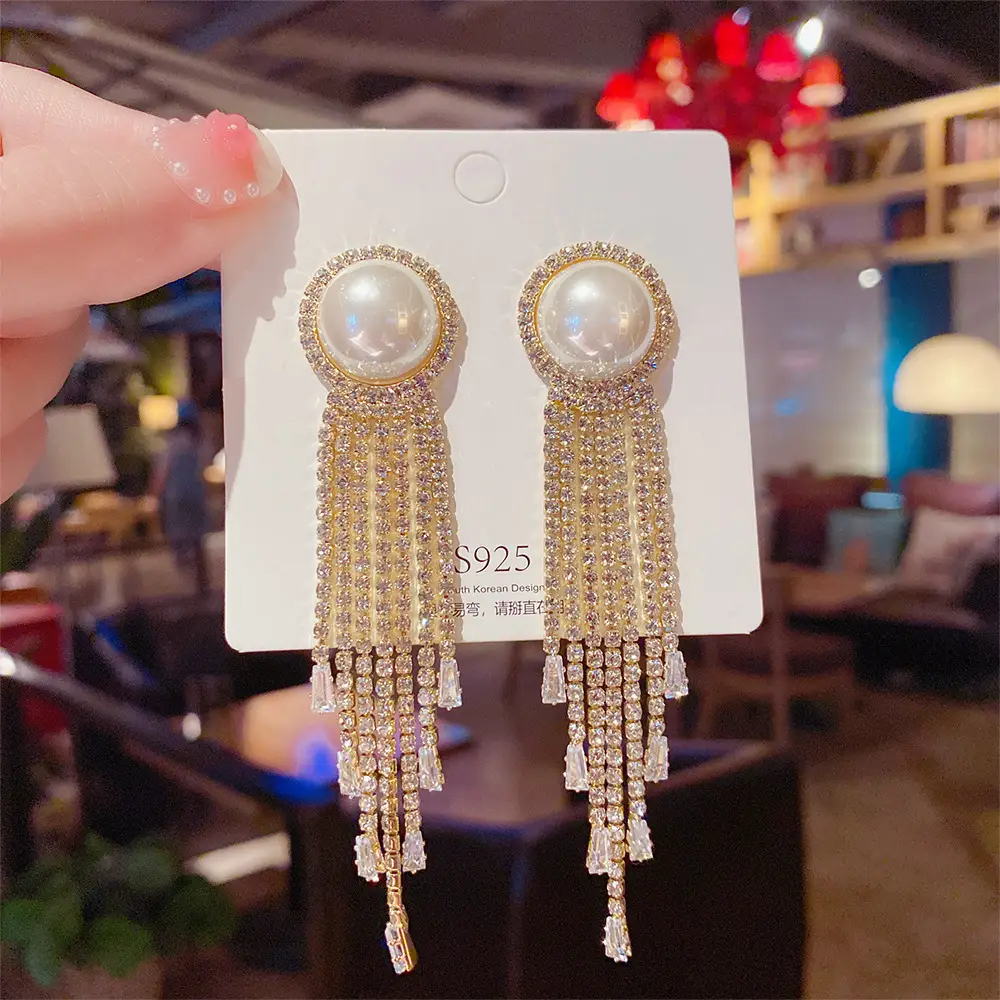 Long Diamond Encrusted Tassel Bow Earrings for Women - Image 11