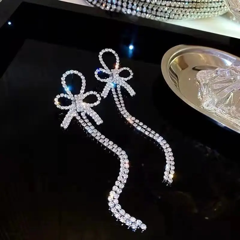 Long Diamond Encrusted Tassel Bow Earrings for Women - Image 12