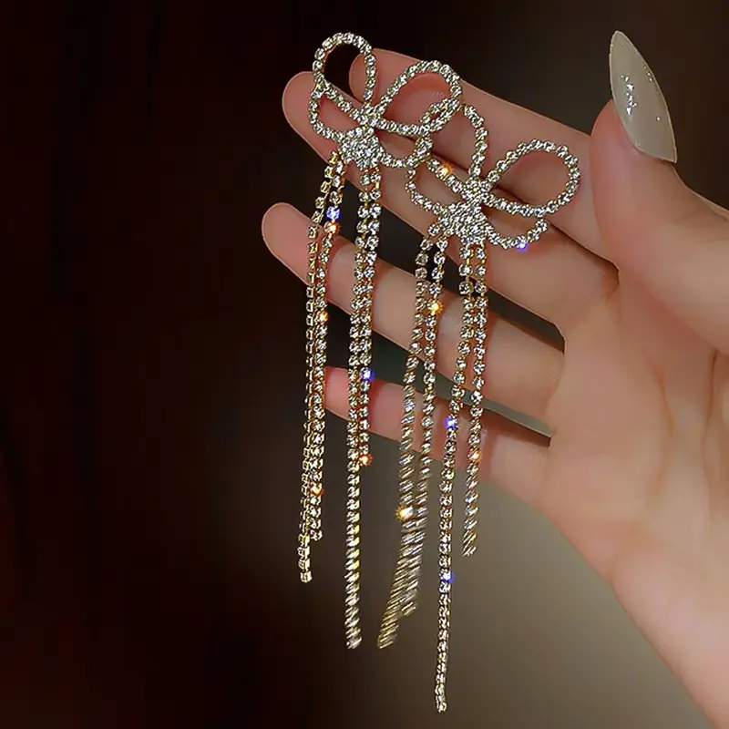 Long Diamond Encrusted Tassel Bow Earrings for Women - Image 16