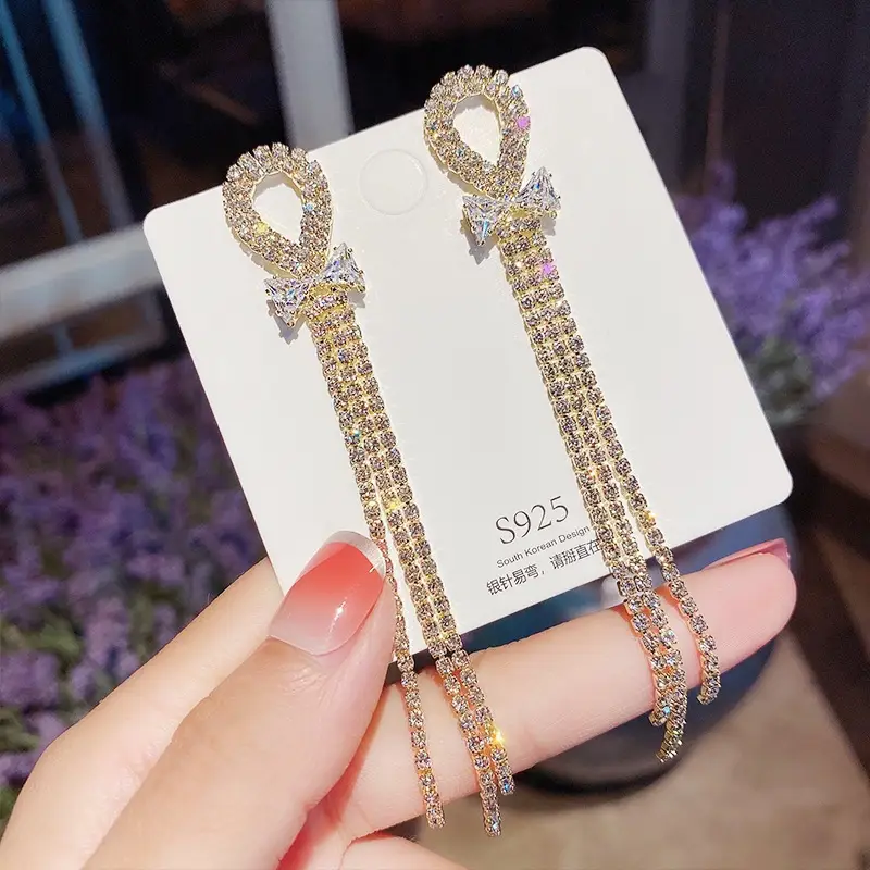 Long Diamond Encrusted Tassel Bow Earrings for Women - Image 20