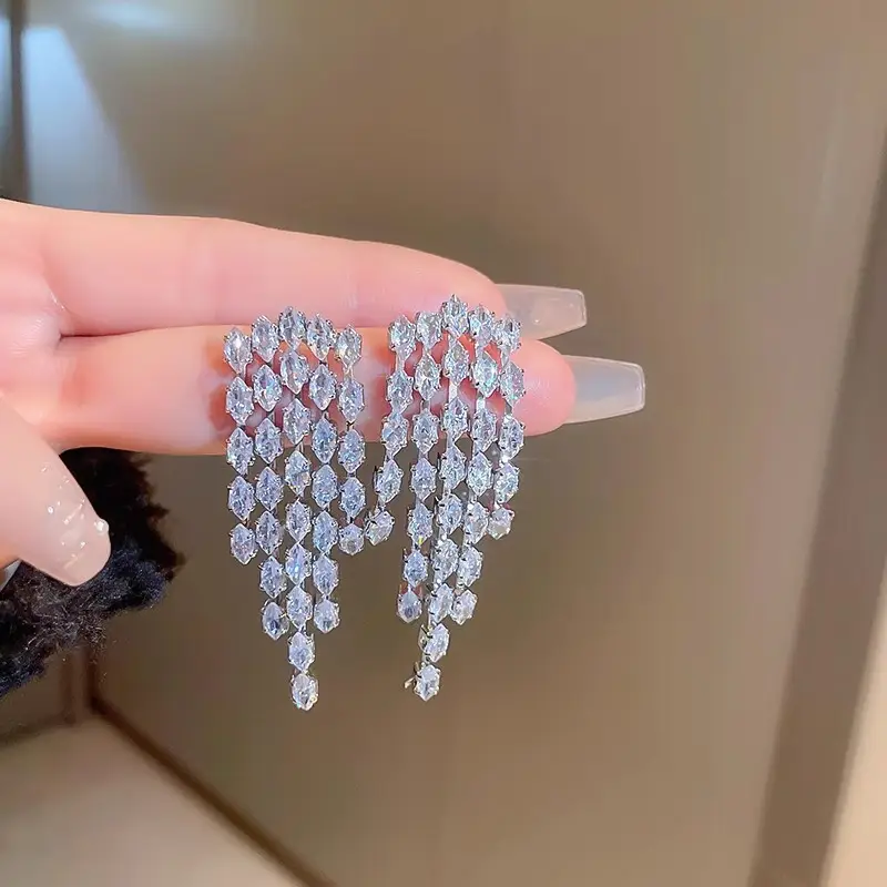 Long Diamond Encrusted Tassel Bow Earrings for Women - Image 5