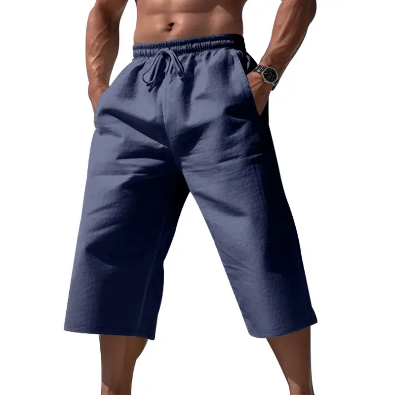 Men Linen Capri Pants Light Blue Summer Loose Fit - Image 10